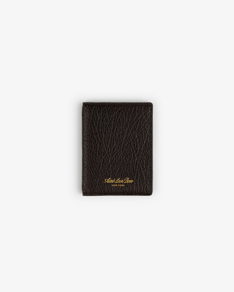 Tumbled Leather Bi-Fold Wallet in dark brown with gold lettering, displayed on a plain white background.
