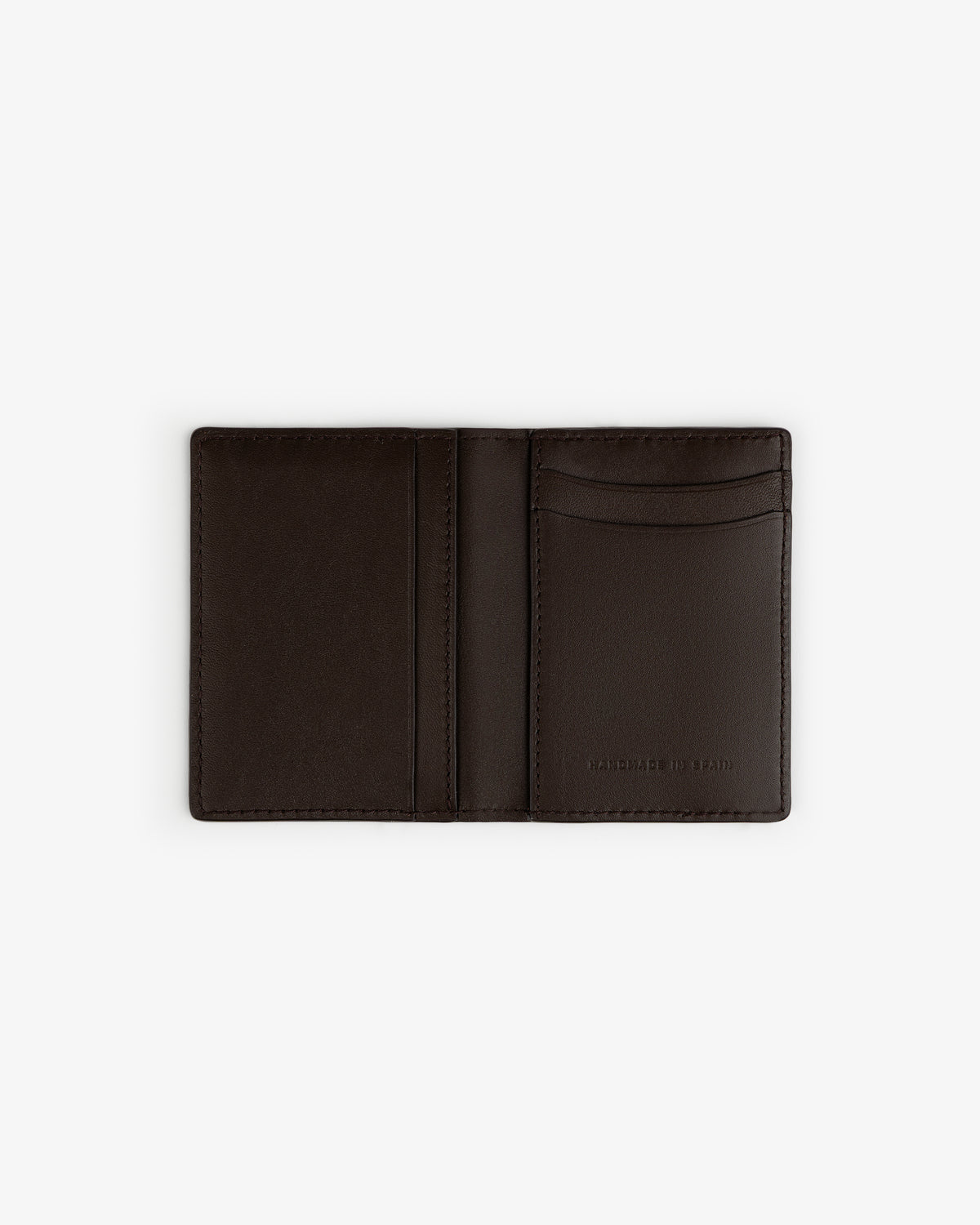 Tumbled Leather Bi-Fold Wallet in dark brown, open to show card slots and MADE IN ITALY stamp, on white background.