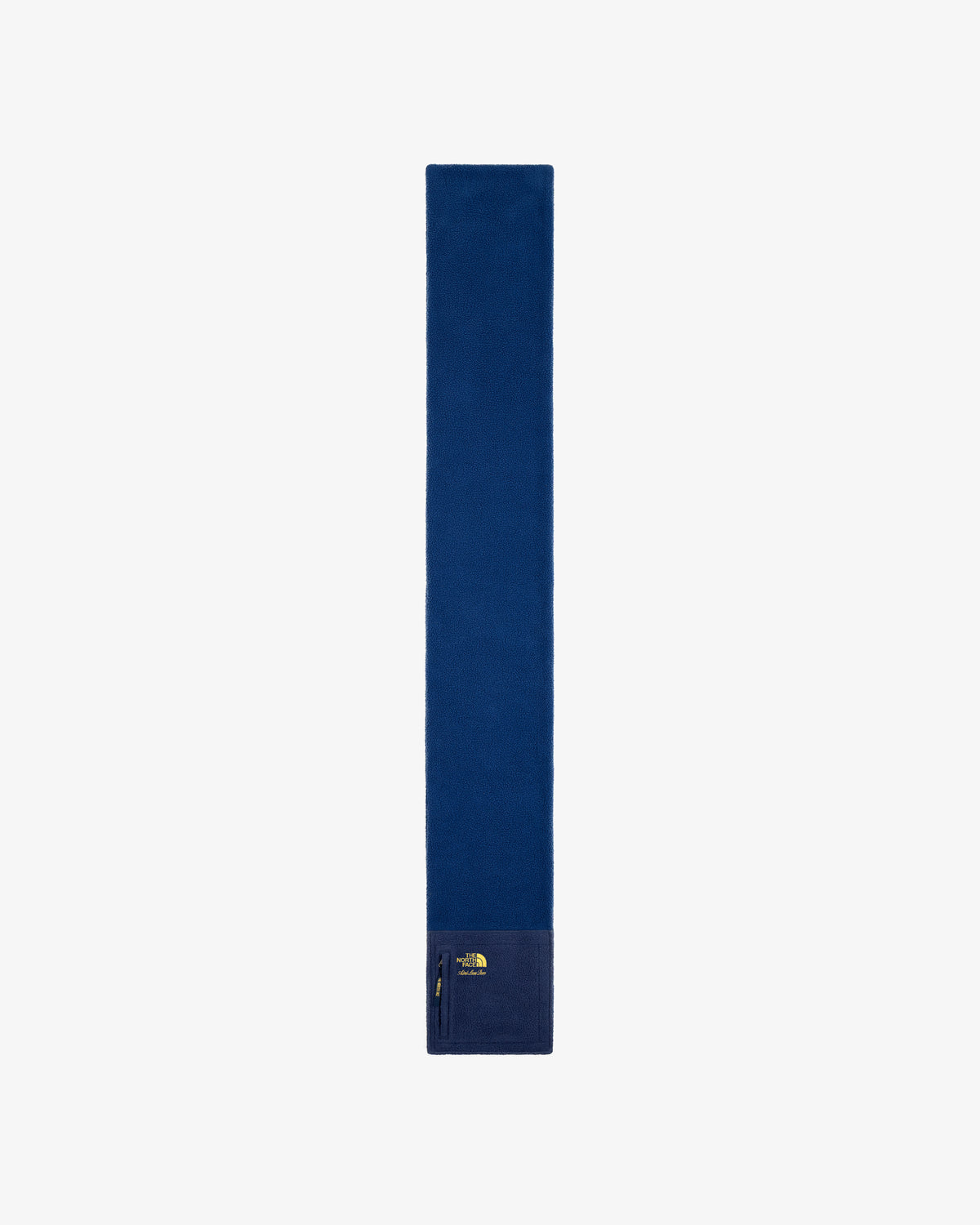 Blue ALD/The North Face Denali Fleece Scarf with zip pocket and logo, shown on a white background.