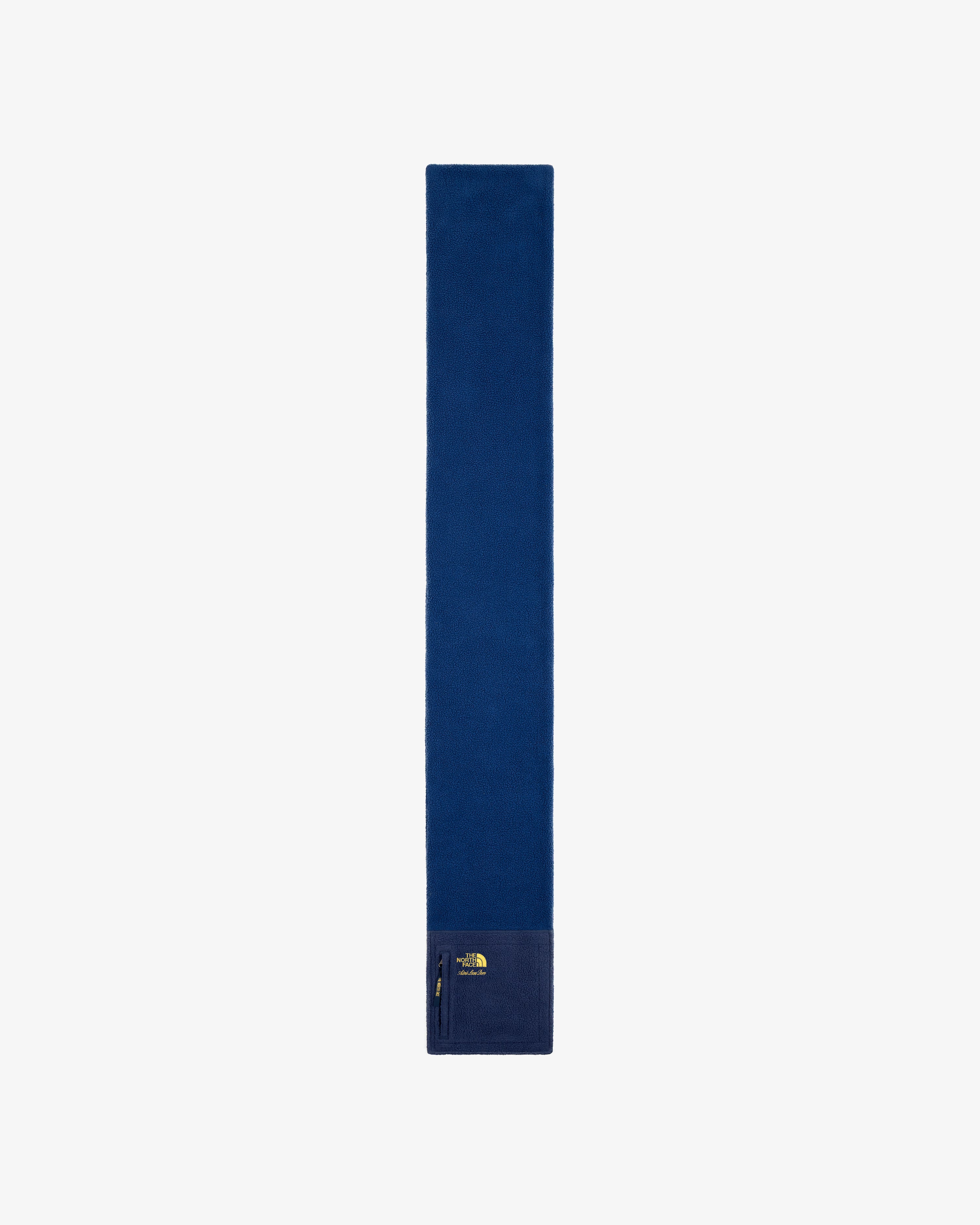 Blue ALD/The North Face Denali Fleece Scarf with zip pocket and logo, shown on a white background.