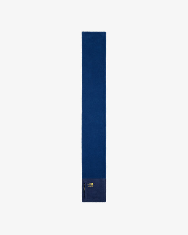 Blue ALD/The North Face Denali Fleece Scarf with zip pocket and logo, shown on a white background.