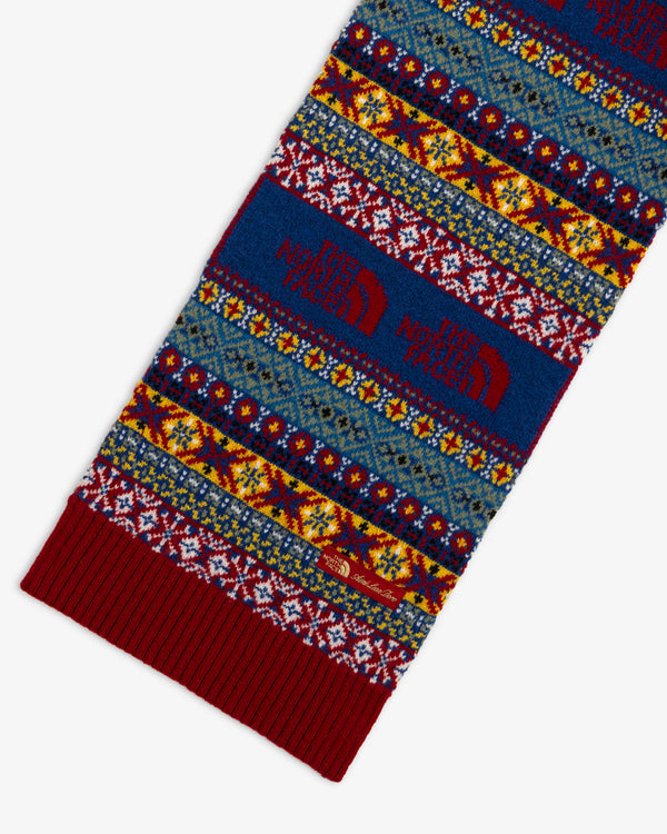 ALD / The North Face Fair Isle Scarf in blue, red, and yellow with brand logos.