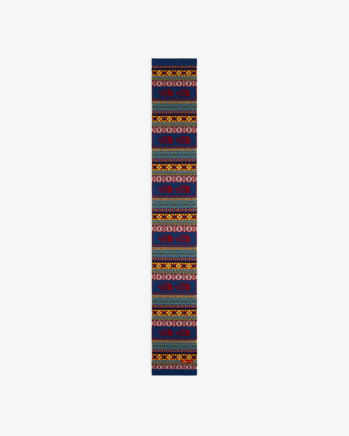 ALD/The North Face Fair Isle Scarf: vibrant geometric patterns in red, blue, yellow & green on white background.