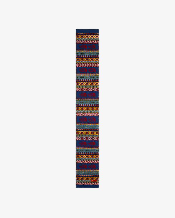 ALD/The North Face Fair Isle Scarf: vibrant geometric patterns in red, blue, yellow & green on white background.