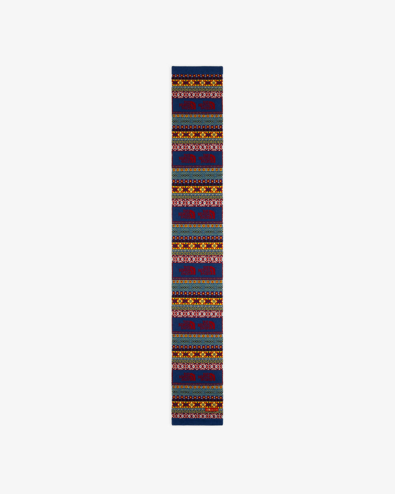 ALD/The North Face Fair Isle Scarf: vibrant geometric patterns in red, blue, yellow & green on white background.