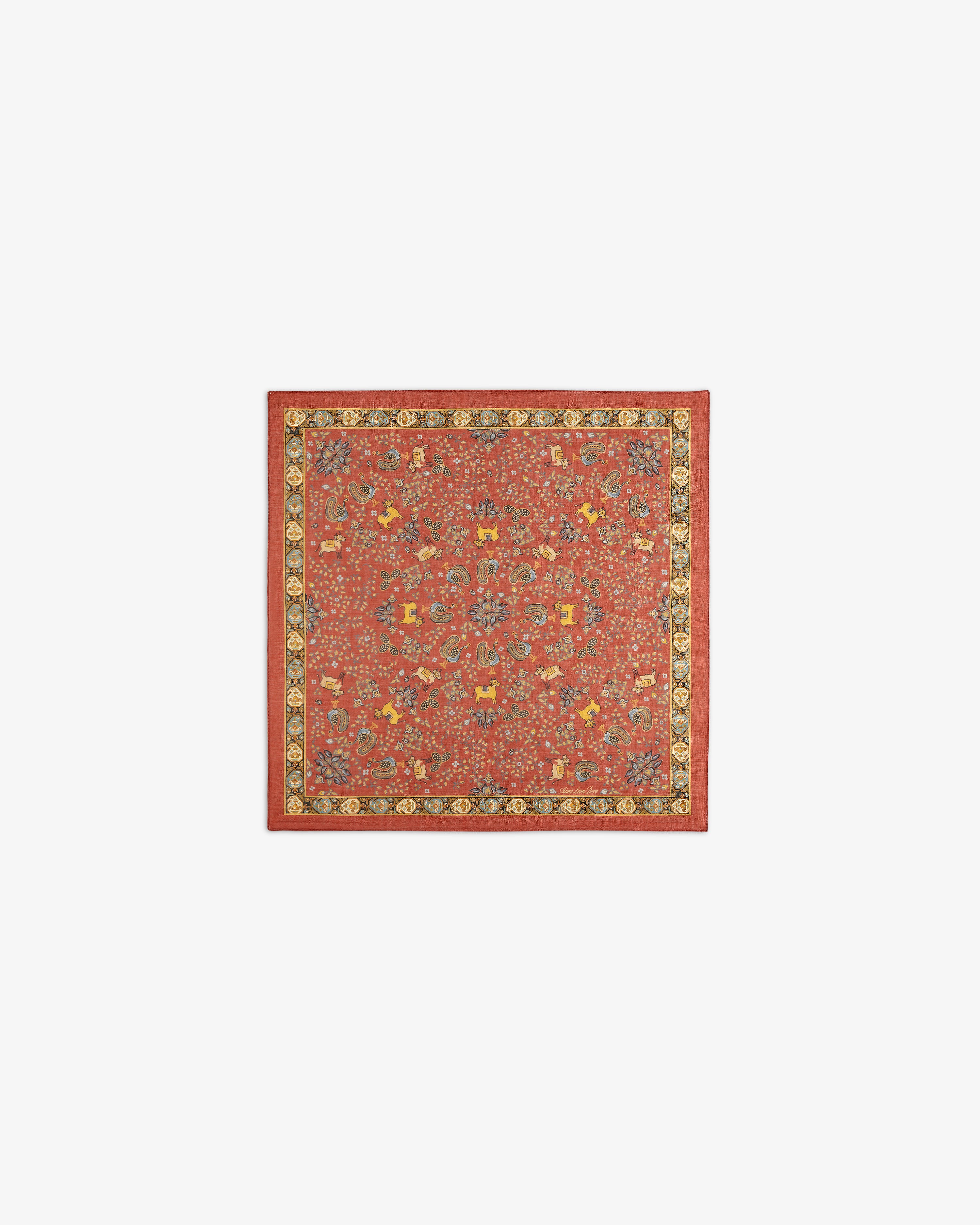 Archival Print Wool Silk Bandana featuring red, yellow, and blue florals with a gold and black border.