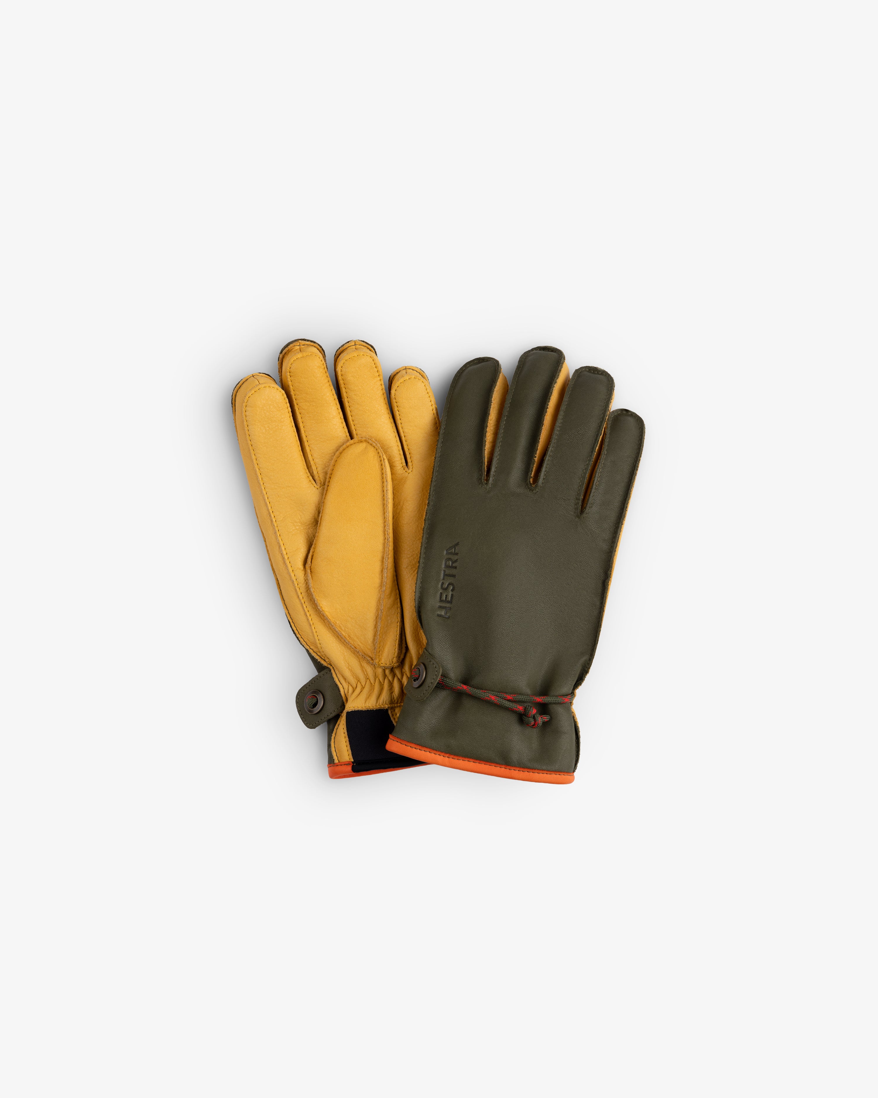 Wakayama Gloves in olive green leather with yellow palms and orange cuffs.