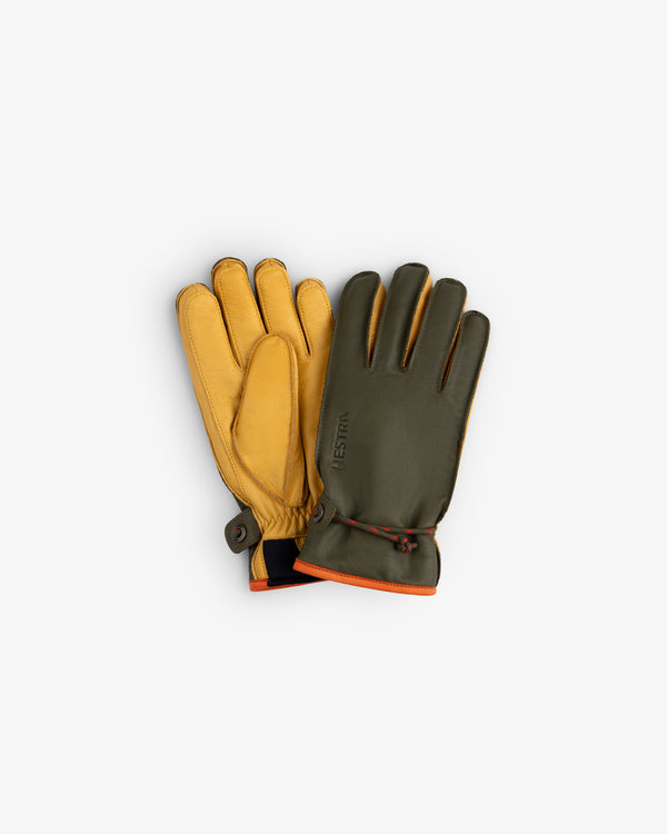 Wakayama Gloves in olive green leather with yellow palms and orange cuffs.