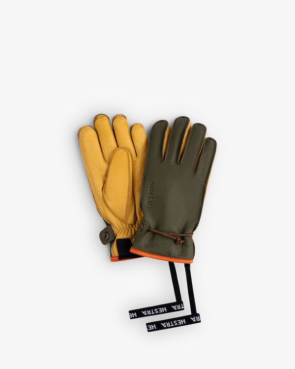 Wakayama Gloves in olive green and tan leather with orange trim and branded wrist pull straps.