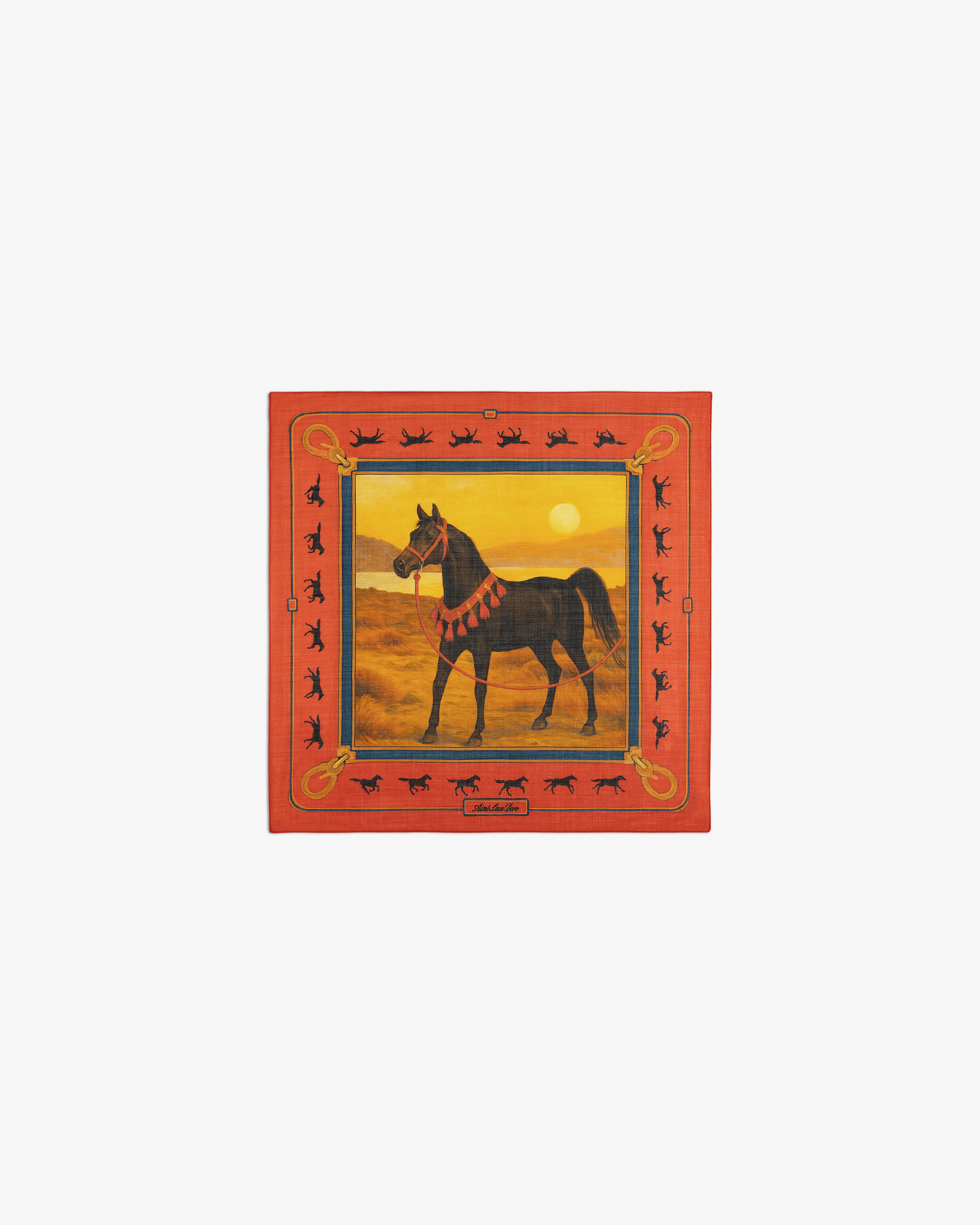 Bayard Silk Bandana: Black horse with red saddle in golden field, bordered by red with horse silhouettes.