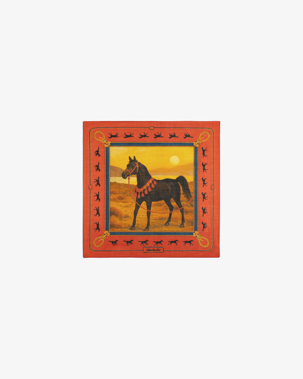 Bayard Silk Bandana: Black horse with red saddle in golden field, bordered by red with horse silhouettes.