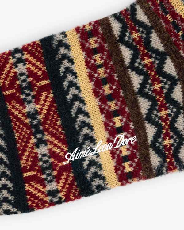 Fair Isle Quarter Sock with a multi-colored Fair Isle knit pattern and white embroidered script text.