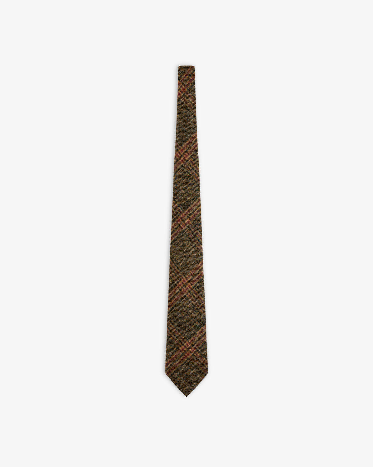 A brown Plaid Tweed Tie with red accents.