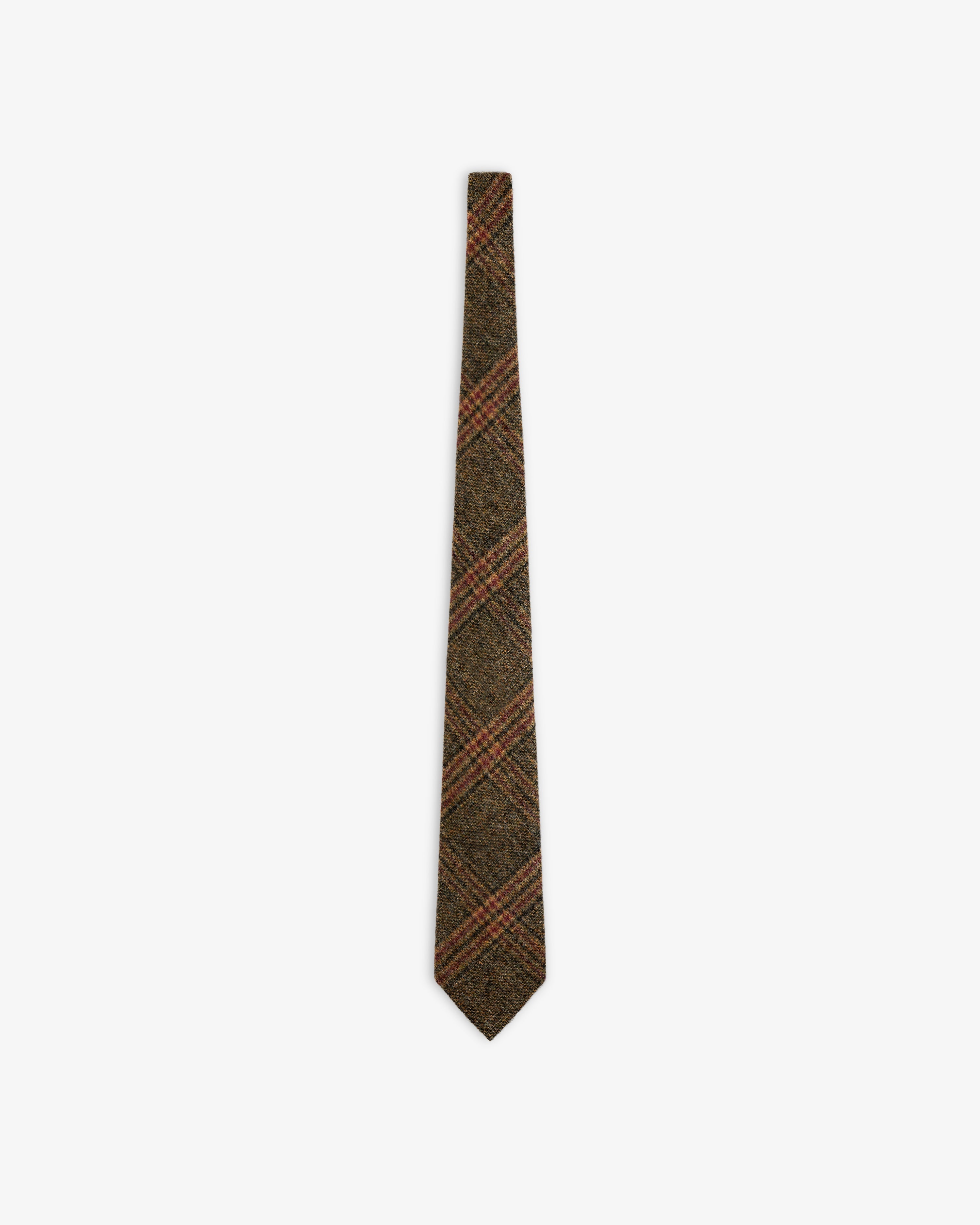 A brown Plaid Tweed Tie with red accents.