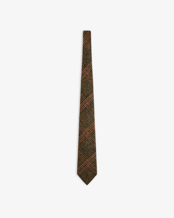 A brown Plaid Tweed Tie with red accents.
