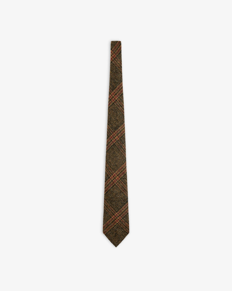 A brown Plaid Tweed Tie with red accents.