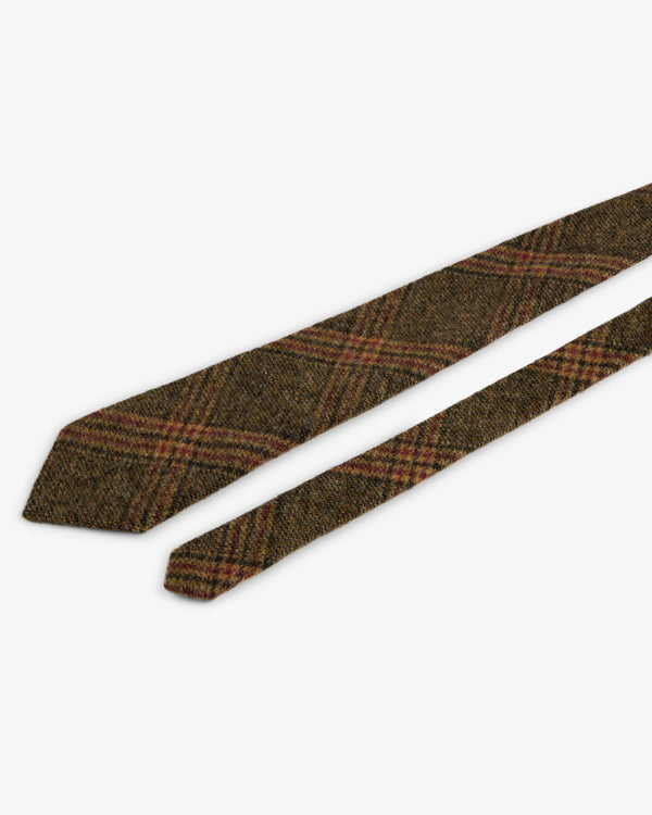 Brown plaid tweed tie with a textured, diagonal check pattern.