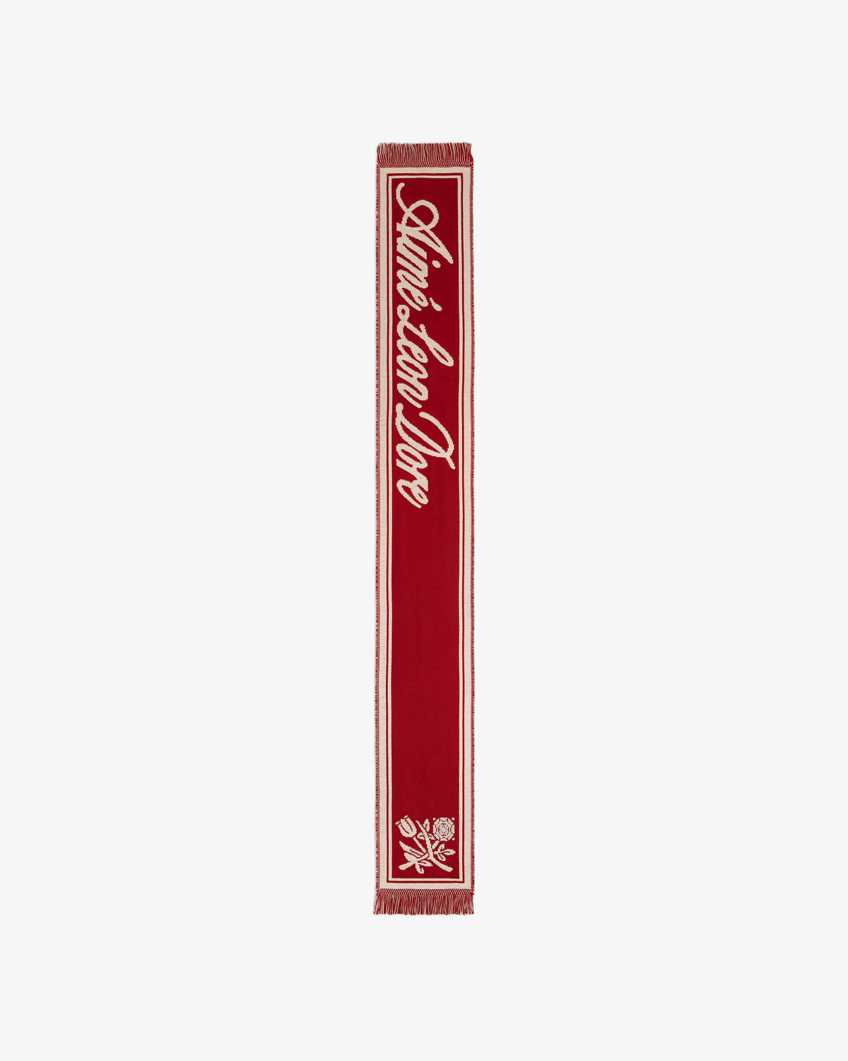 Red Wool Script Scarf featuring white script text and a floral graphic at the base.