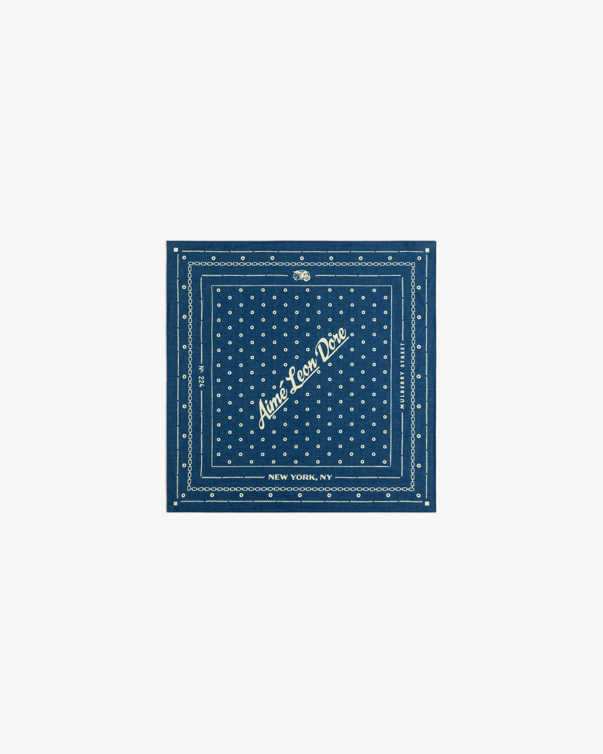 Indigo Dyed Cotton Bandana in dark blue with white polka dots and Aimé Leon Dore, New York, NY text.