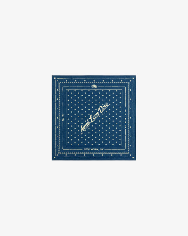 Indigo Dyed Cotton Bandana in dark blue with white polka dots and Aimé Leon Dore, New York, NY text.