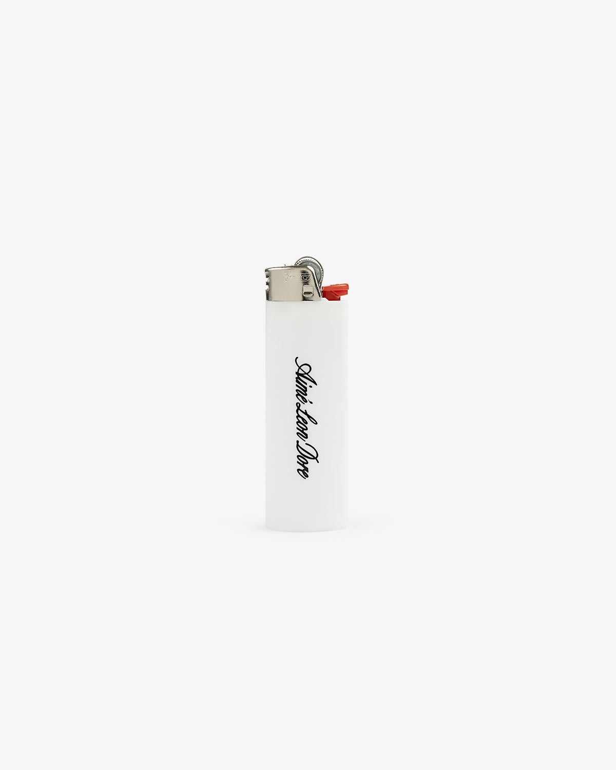 Caricature Lighter: white with black cursive print, red button, shown upright on a plain white background.