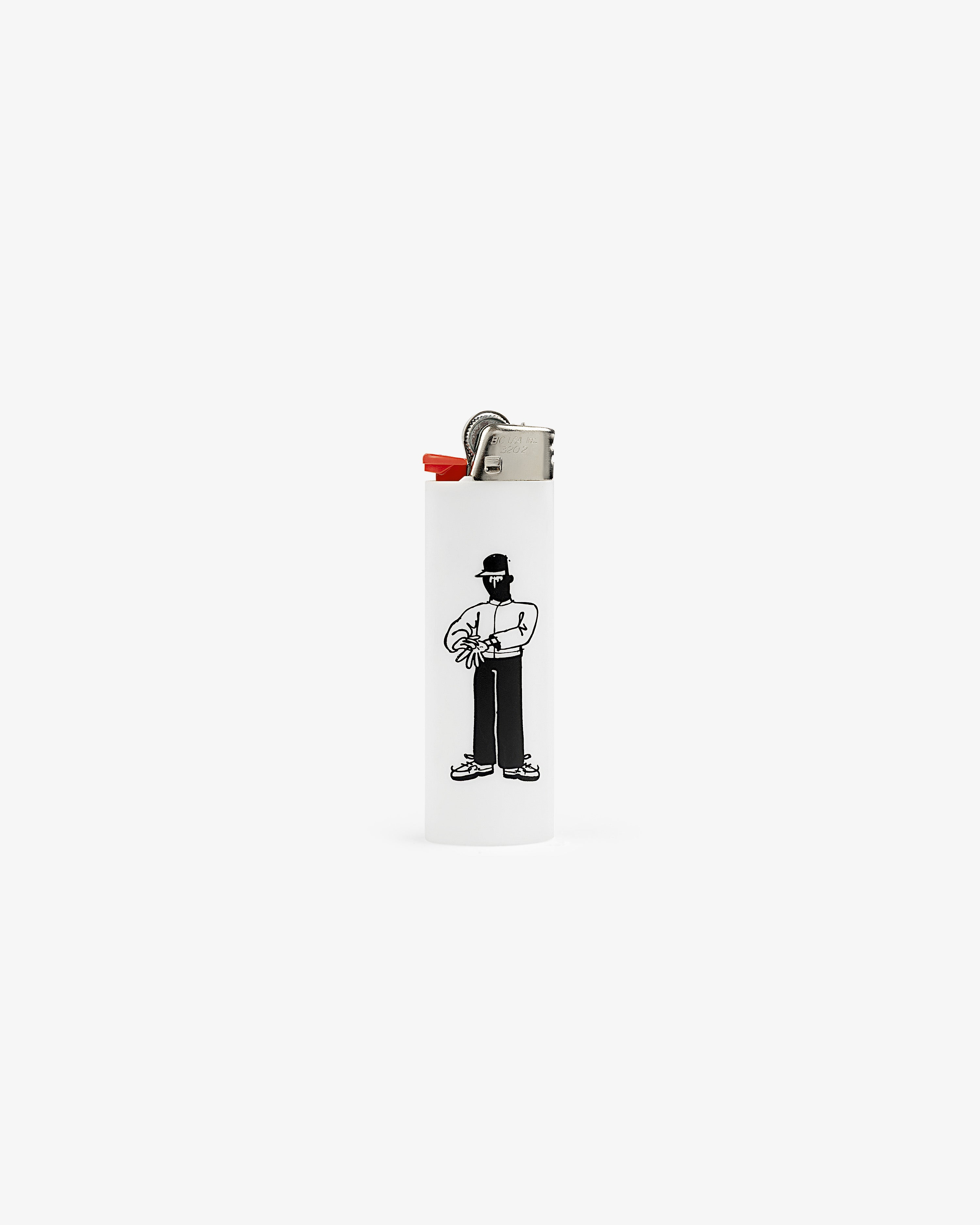 Caricature Lighter: white with art of a person in a hat, sunglasses, and holding a flower on the front.