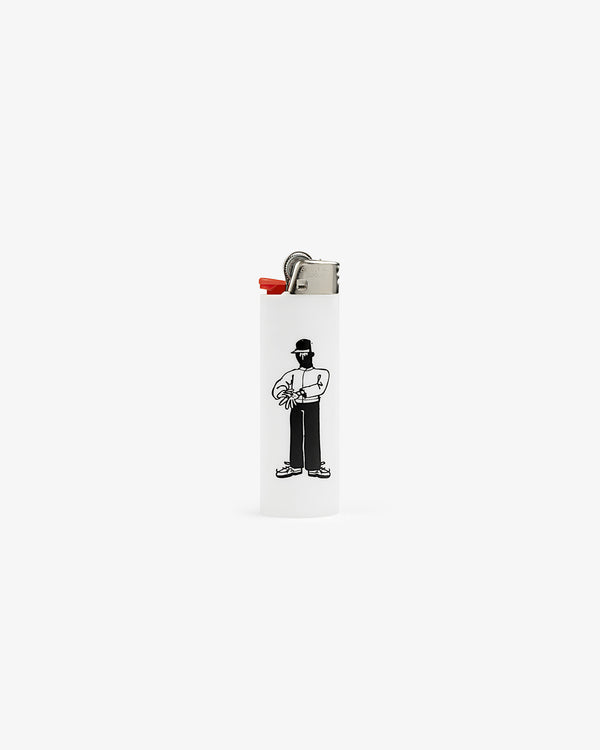 Caricature Lighter: white with art of a person in a hat, sunglasses, and holding a flower on the front.