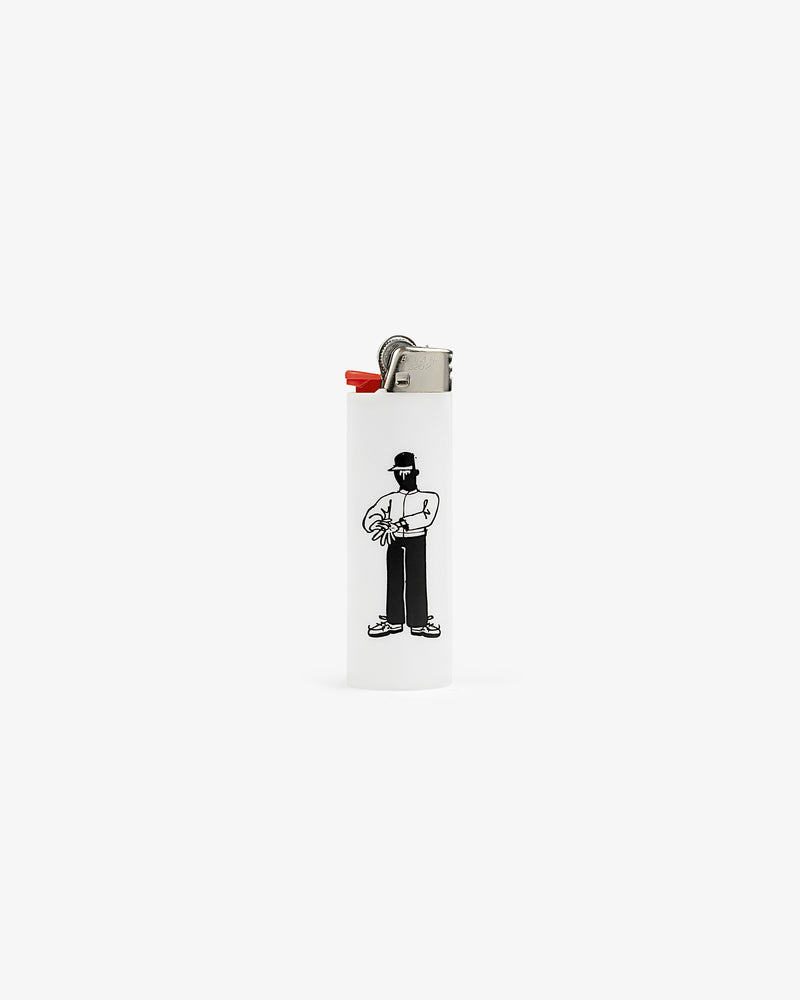 Caricature Lighter: white with art of a person in a hat, sunglasses, and holding a flower on the front.