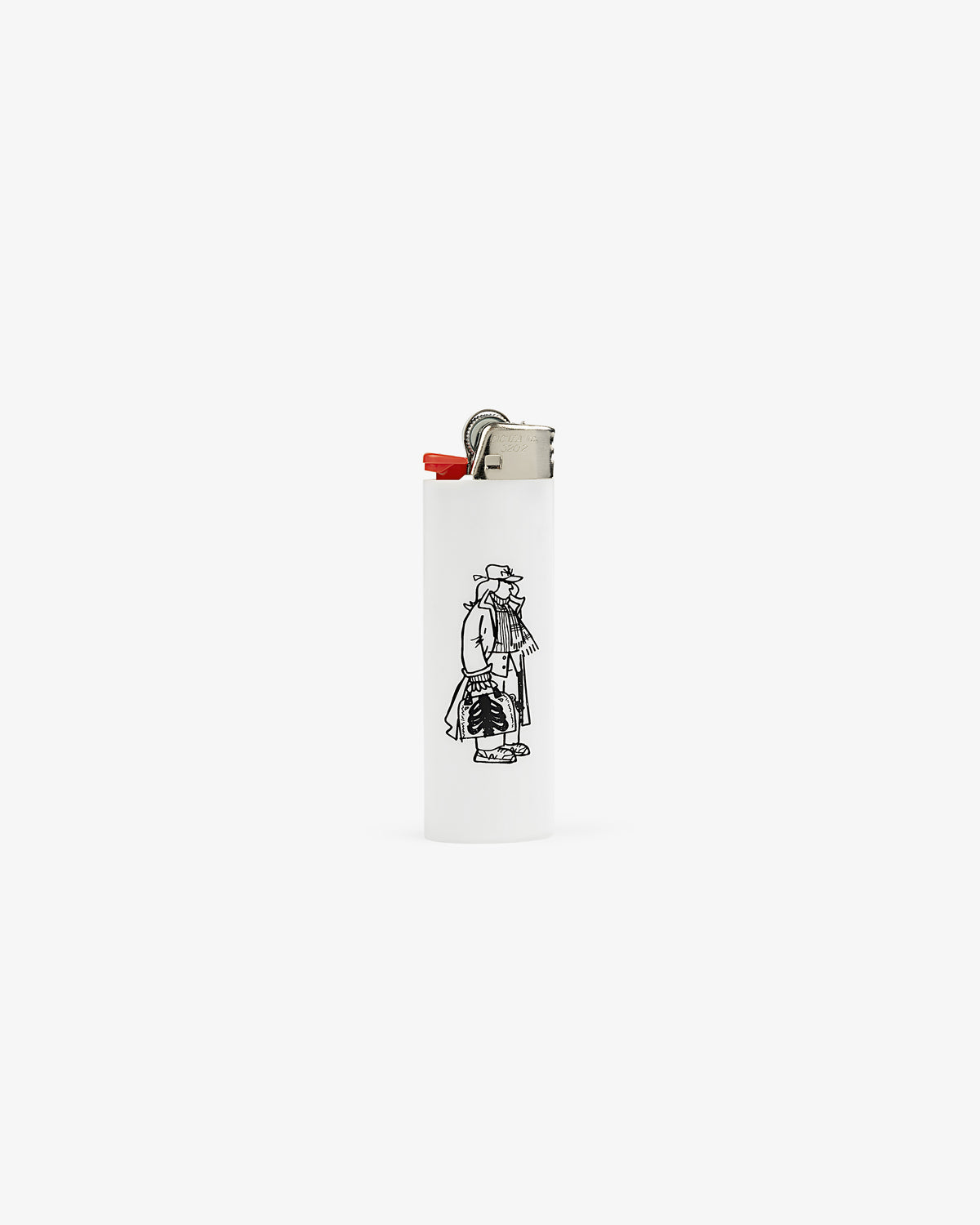 Caricature Lighter: White with black line art of a character in trench coat and hat, centered on plain background.