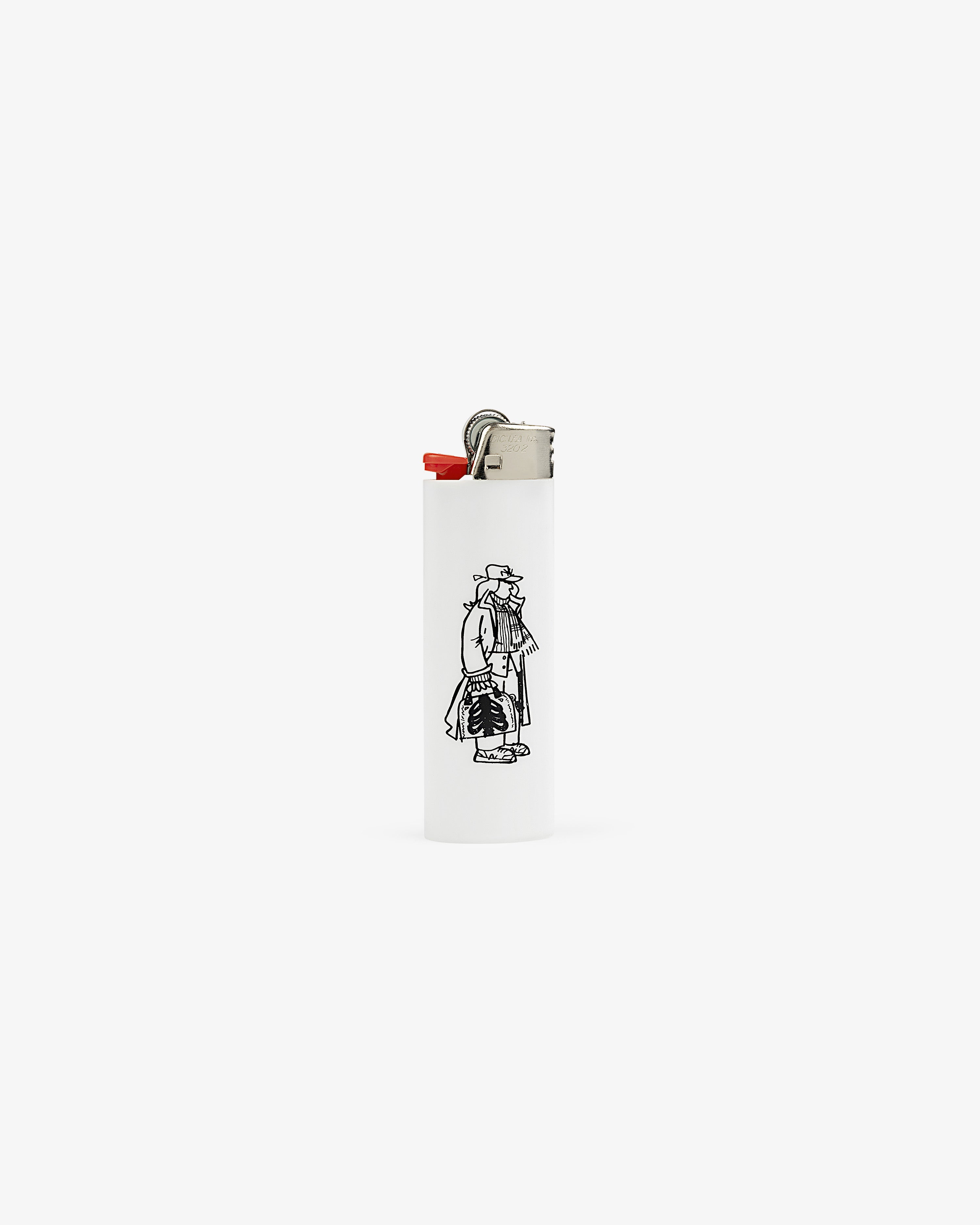 Caricature Lighter: White with black line art of a character in trench coat and hat, centered on plain background.