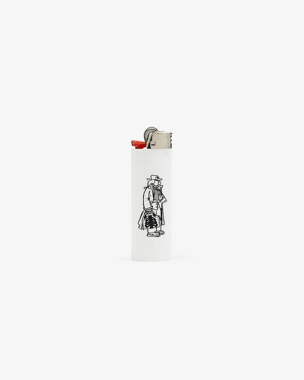 Caricature Lighter: White with black line art of a character in trench coat and hat, centered on plain background.