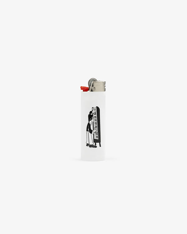 Caricature Lighter: White with a black cartoon of a person hugging a large lighter, on plain white background.