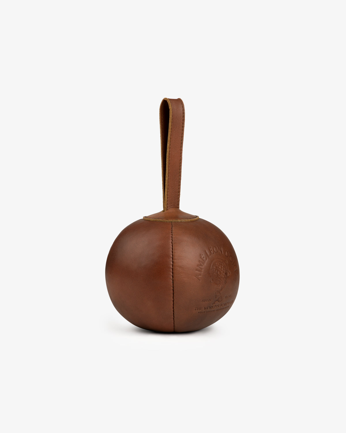 Atlas Vintage Leather 10 Lb Kettle Bell: a spherical brown leather kettlebell with a strap handle and embossed branding.