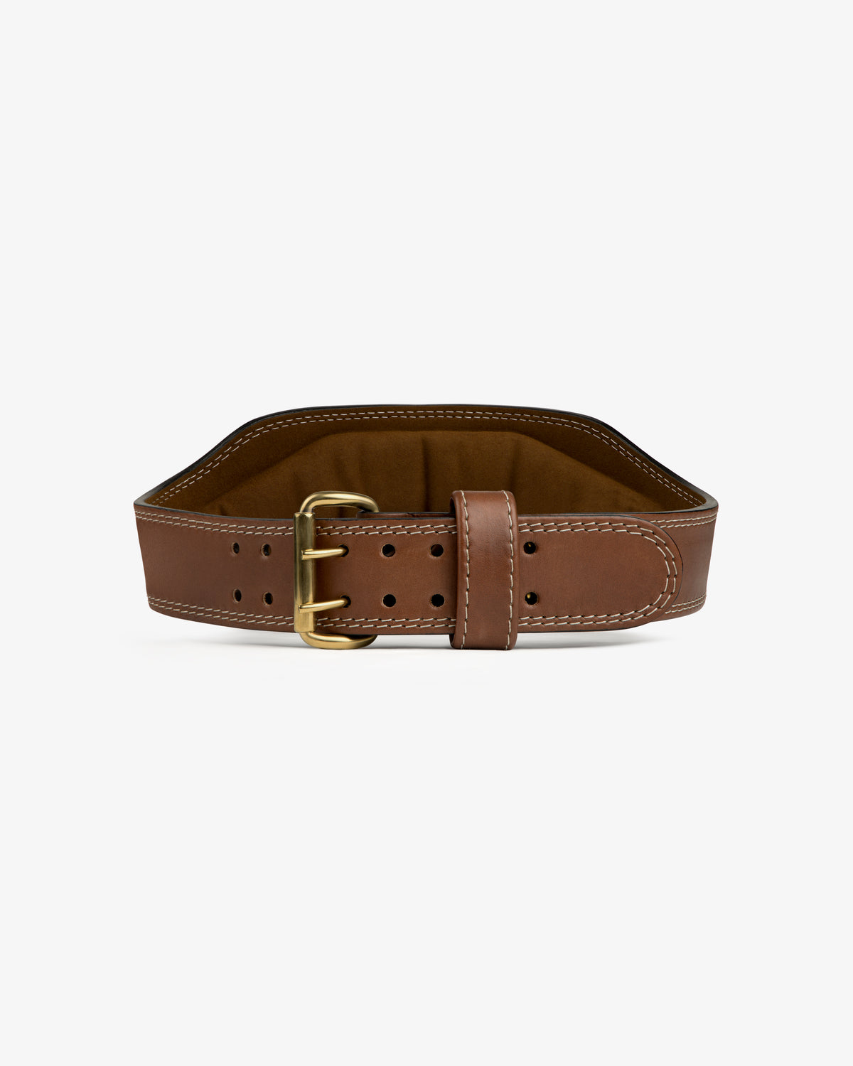 Atlas Vintage Leather Weightlifting Belt in brown with a gold-tone metal double-prong buckle.