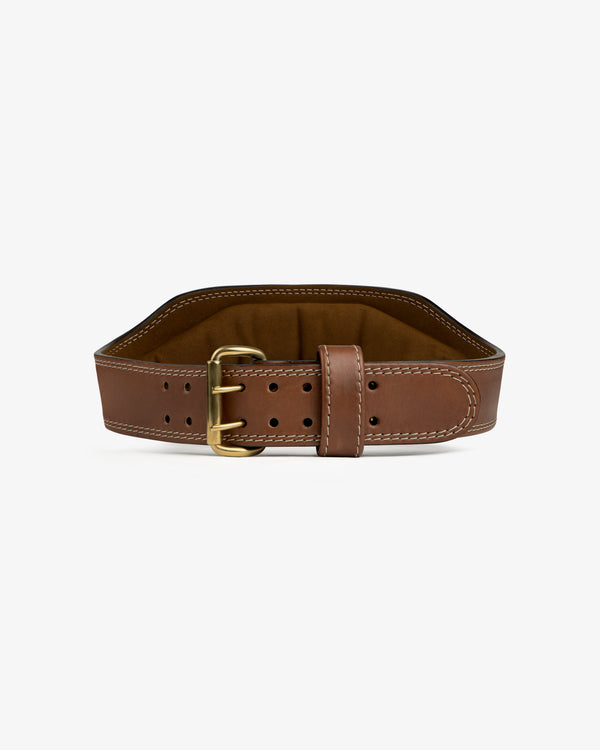 Atlas Vintage Leather Weightlifting Belt in brown with a gold-tone metal double-prong buckle.