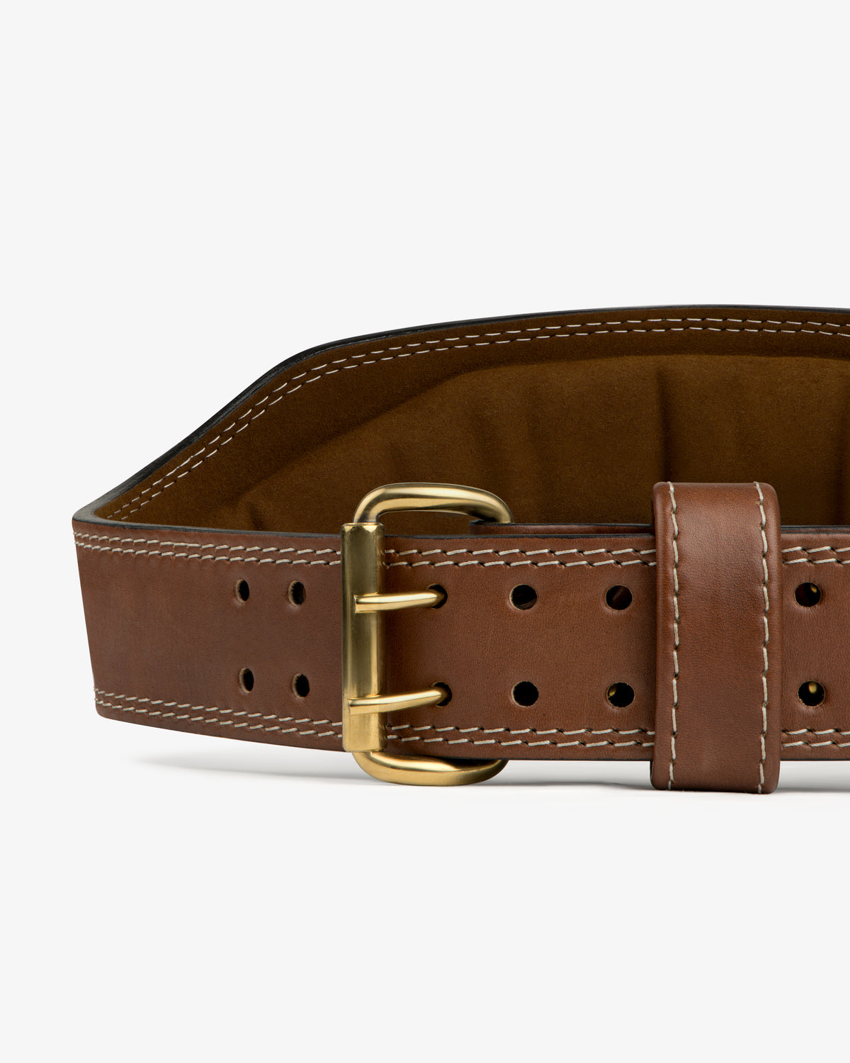 Atlas Vintage Leather Weightlifting Belt in brown with a double-prong brass buckle and white contrast stitching.