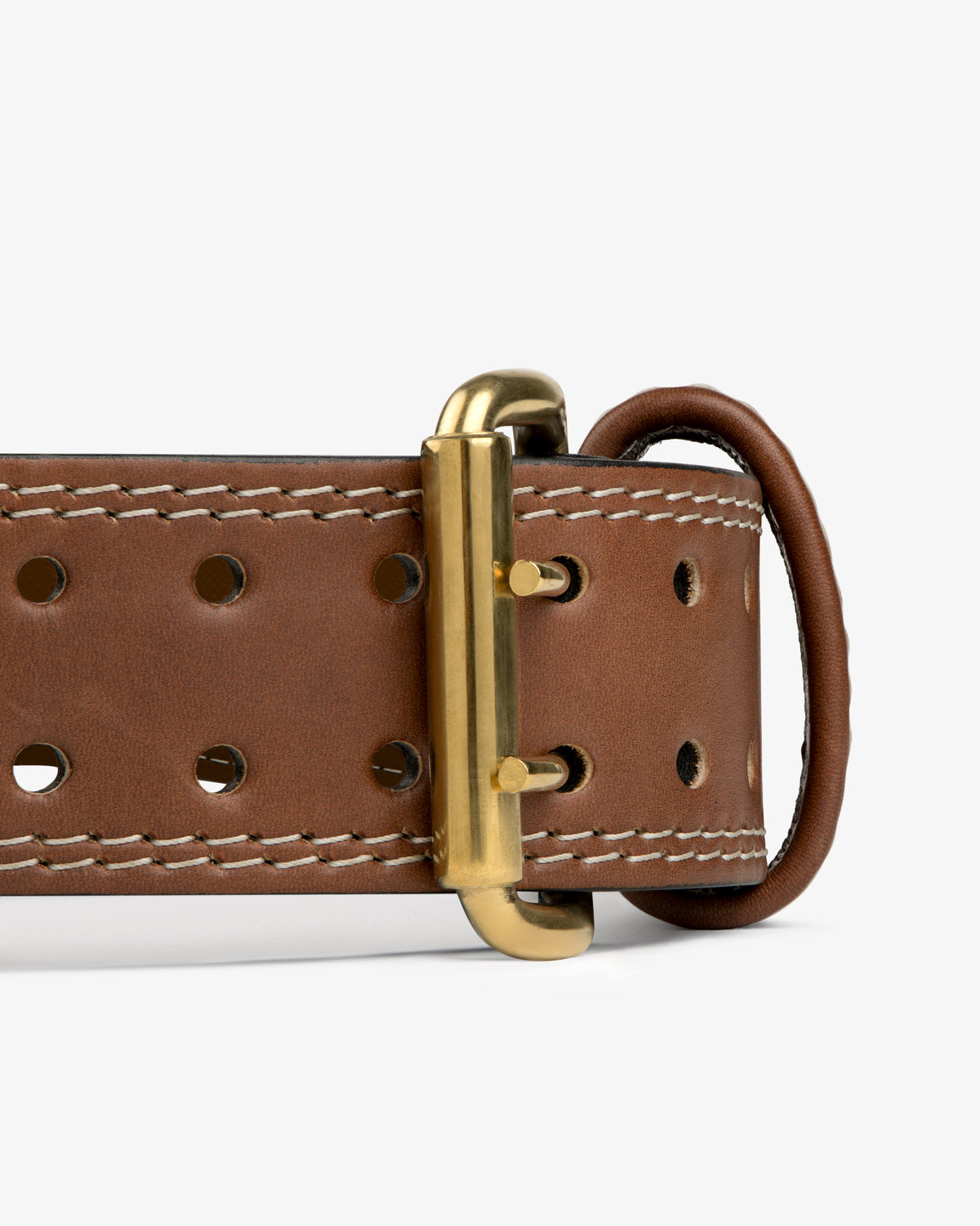 Atlas Vintage Leather Weightlifting Belt in brown with a double-pronged brass buckle and white contrast stitching.