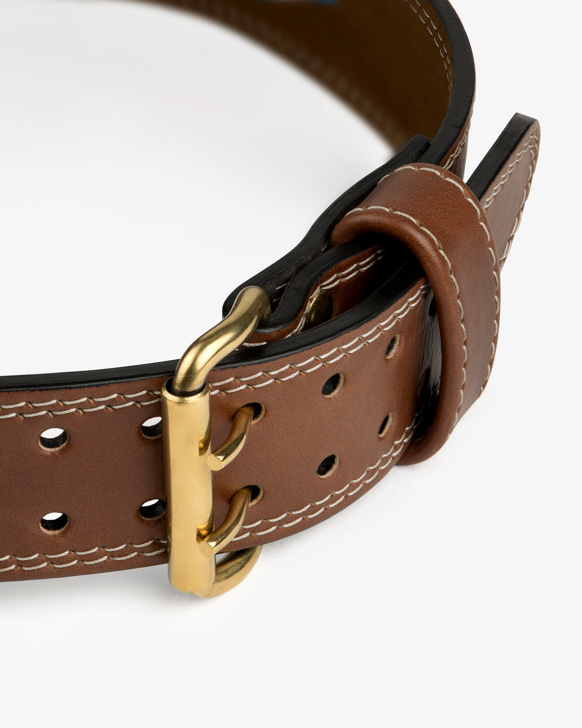 Atlas Vintage Leather Weightlifting Belt in brown leather with a gold-tone double-prong buckle and white stitching.