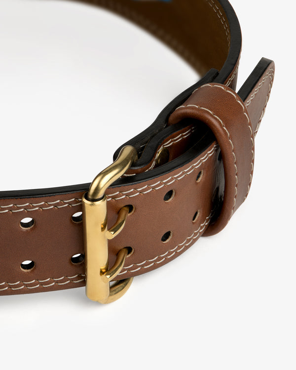 Atlas Vintage Leather Weightlifting Belt in brown leather with a gold-tone double-prong buckle and white stitching.