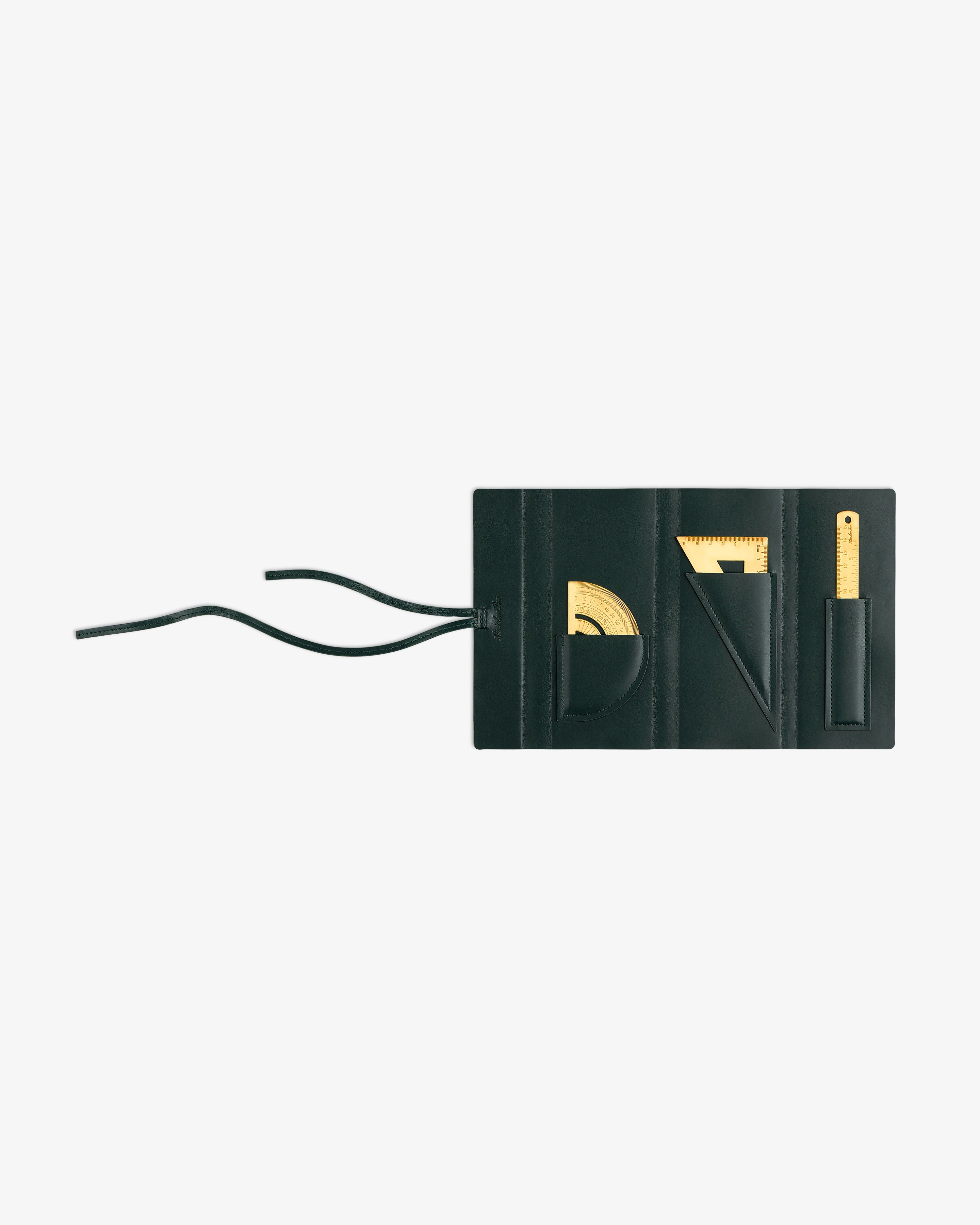 Brass Measurement Kit: black leather case with gold tools—protractor, triangle, ruler—and two side straps.
