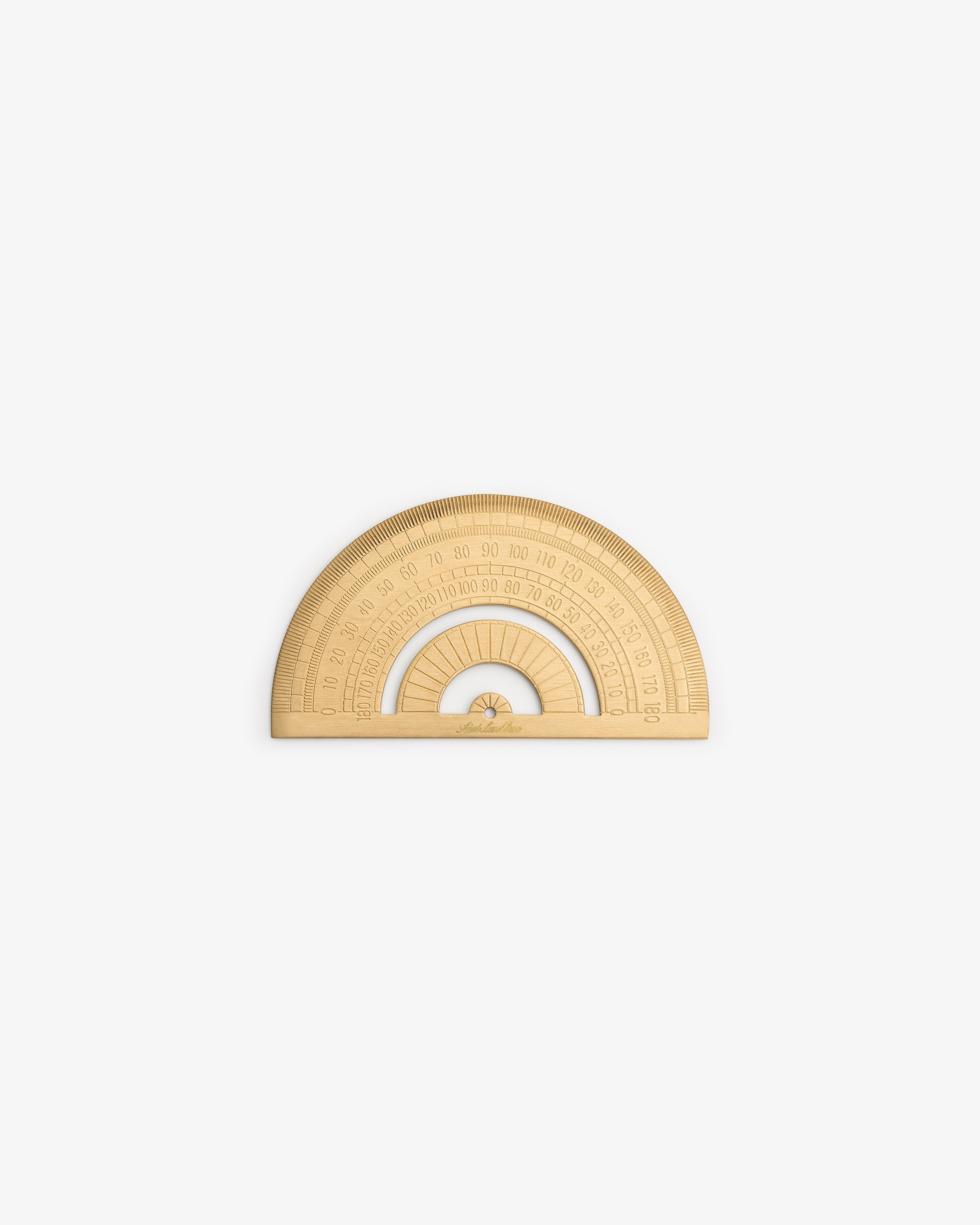 Brass Measurement Kit: gold half-circle protractor with engraved degree markings on a white background.