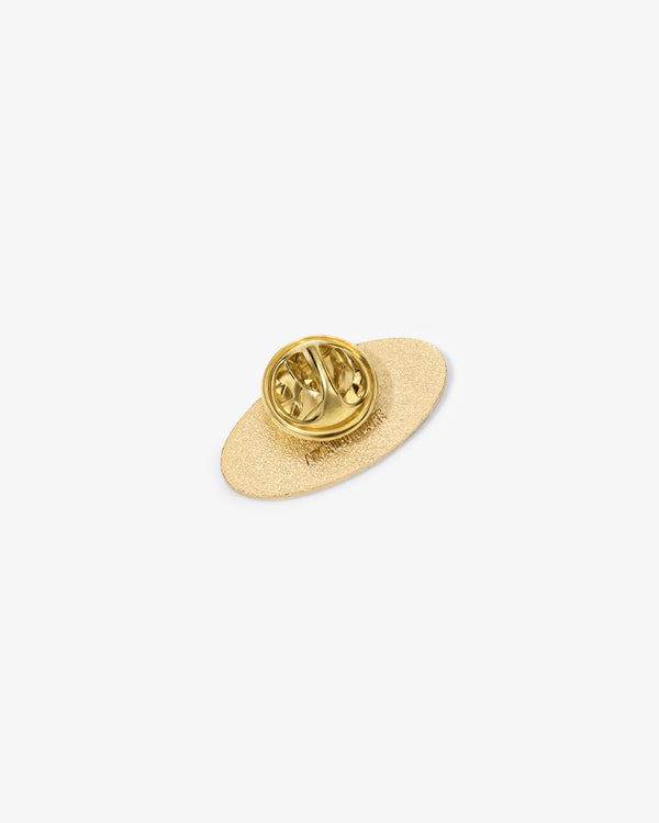 Graphic Pin featuring a gold oval backing with two butterfly clasps, displayed on a white background.