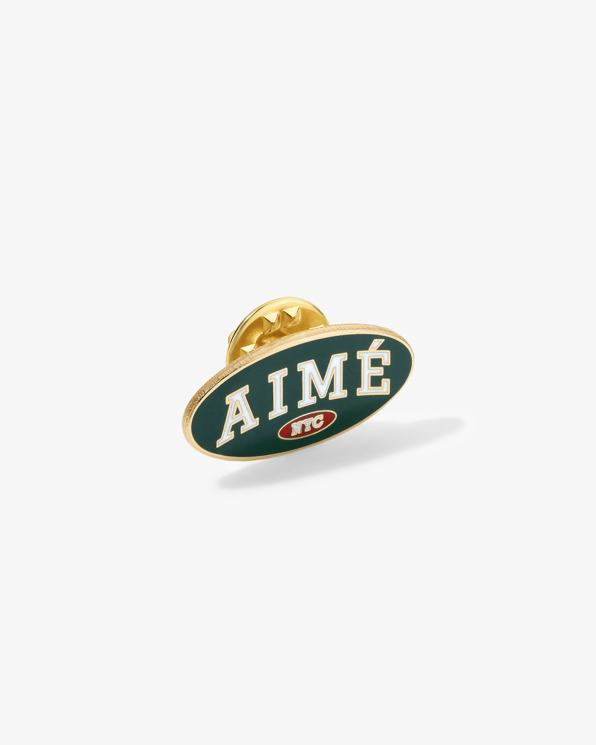Graphic Pin with white ‘AIMÉ’ on green, gold border, and small NYC logo below.