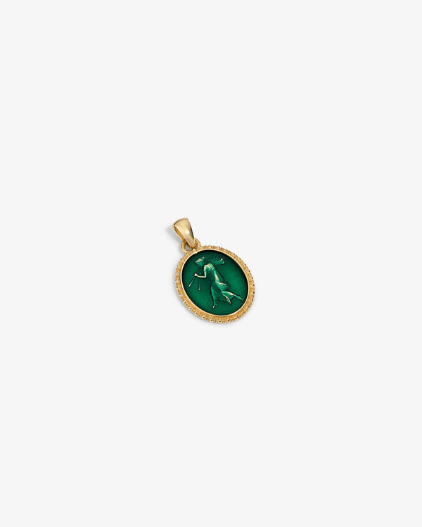 14Kt Gold Euterpe Relief Pendant: an oval gold pendant with a green relief carving of a figure playing a flute.