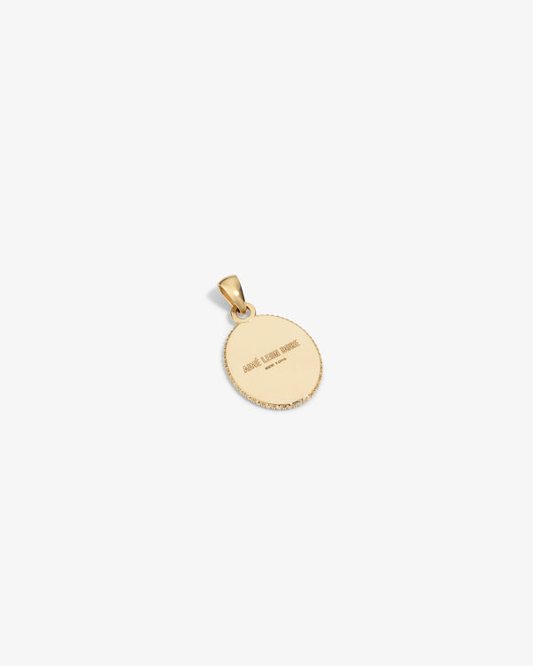 14Kt Gold Euterpe Relief Pendant: oval gold pendant with a textured edge and Aimé Leon Dore New York engraved on the face.
