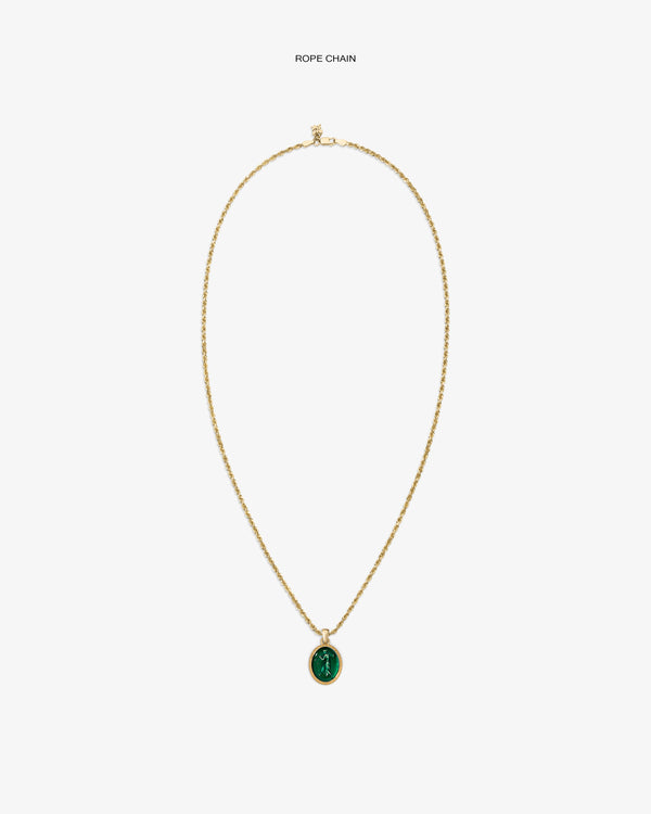 14Kt Gold Euterpe Relief Pendant featuring a gold rope chain and an oval pendant with a green carved stone.