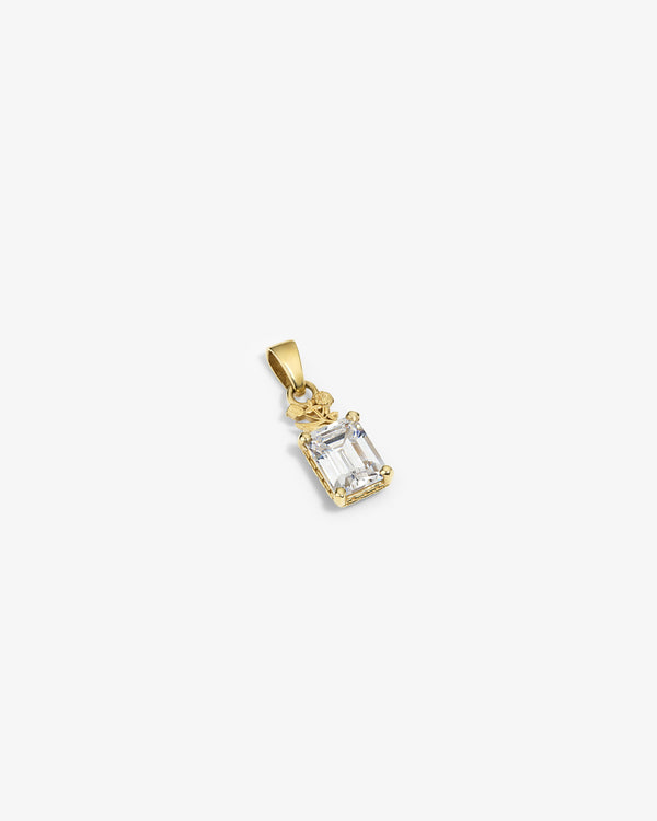 14Kt Gold Crest Gemstone Pendant with a rectangular clear stone and round accents, shown on a white background.