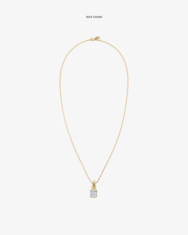 14Kt Gold Crest Gemstone Pendant on a box chain, showcased against a plain white background.