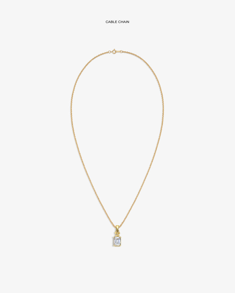 14Kt Gold Crest Gemstone Pendant on a cable chain, featuring a rectangular clear stone, shown on a white background.