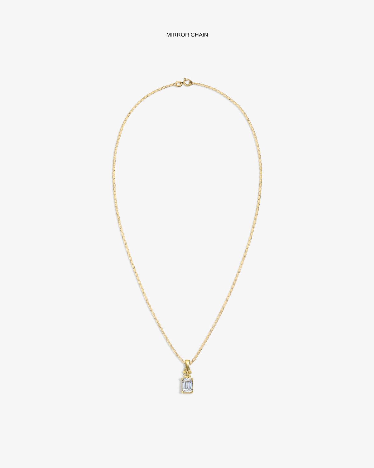 14Kt Gold Crest Gemstone Pendant with rectangular clear stone, shown on a white background.